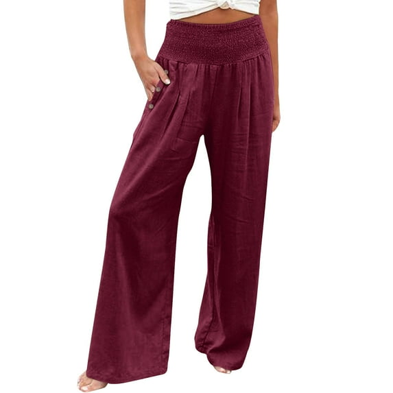 QHFBli Women Linen Palazzo Pants Summer Boho Wide Leg High Waist Casual Lounge Pant 20 Beach Travel Vacation Outfits