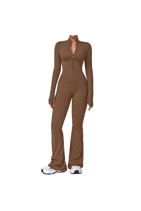 Women Long Sleeve Flared Jumpsuit Zip Up Romper One Piece Full Bodysuits Yoga Unitard Wide Leg Catsuit