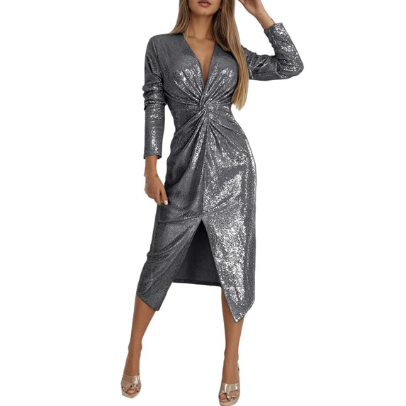 QHFBli Women Maxi Long Split V Neck Wrap Wedding Guest Dress Long Sleeve Glitter Sequin for Gowns