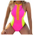 thumbnail image 1 of QHFBli Women One Piece Bathing Suit Tummy Control Swimsuits High Neck Zip Front Monokini Color Block Rash Guard Swimwear, 1 of 3