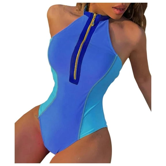 QHFBli Women One Piece Bathing Suit Tummy Control Swimsuits High Neck Zip Front Monokini Color Block Rash Guard Swimwear
