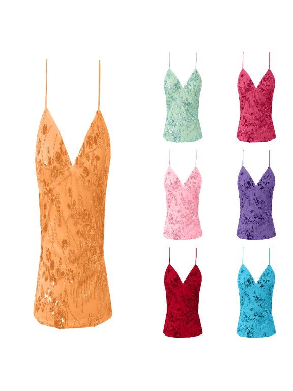 Women Sequin Beaded Cami Top V Neck Backless Criss Cross Straps Crop Tops Summer Going Out Clubwear Orange S