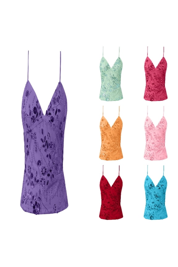 Women Sequin Beaded Cami Top V Neck Backless Criss Cross Straps Crop Tops Summer Going Out Clubwear Purple L