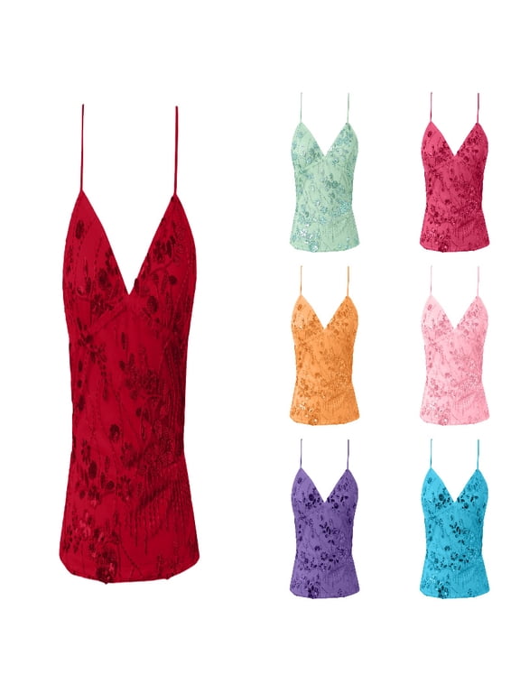 Women Sequin Beaded Cami Top V Neck Backless Criss Cross Straps Crop Tops Summer Going Out Clubwear Red M