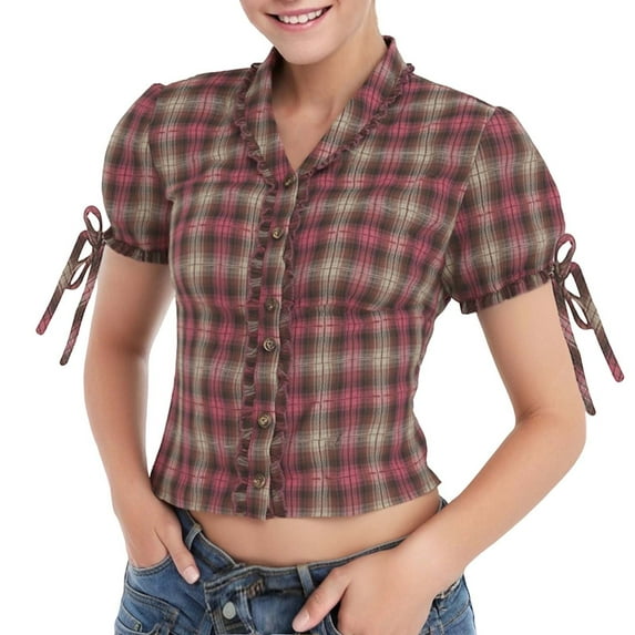 QHFBli Women Shirt Vintage Gingham Top for Women's Octoberfest Plaid Peplum T-Shirts Halloween