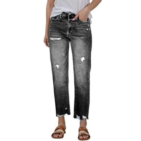 QHFBli Women Straight Leg Ripped Jeans Bootcut Jeans Denim Pants Floor Length Fashion Teen Girls Jeans Bottoms