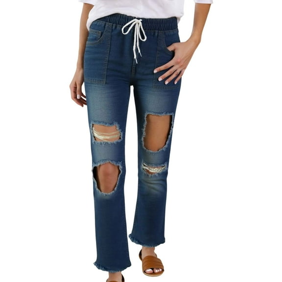 QHFBli Women Straight Leg Ripped Jeans Bootcut Jeans Denim Pants Floor Length Fashion Teen Girls Jeans Bottoms