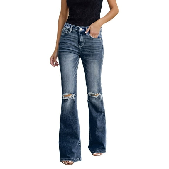 QHFBli Women Straight Leg Ripped Jeans Bootcut Jeans Denim Pants Floor Length Fashion Teen Girls Jeans Bottoms