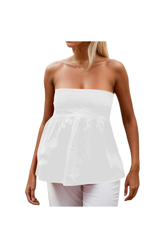 Women Strapless Backless Ruffle Flowy Tube Top Summer Sexy Off Shoulder Pleated Bandeau Going Out Peplum Top