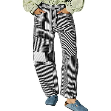 QHFBli Women Striped Patchwork Pants Drawstring Barrel Pant Wide Leg Streetwear Trousers with Pockets