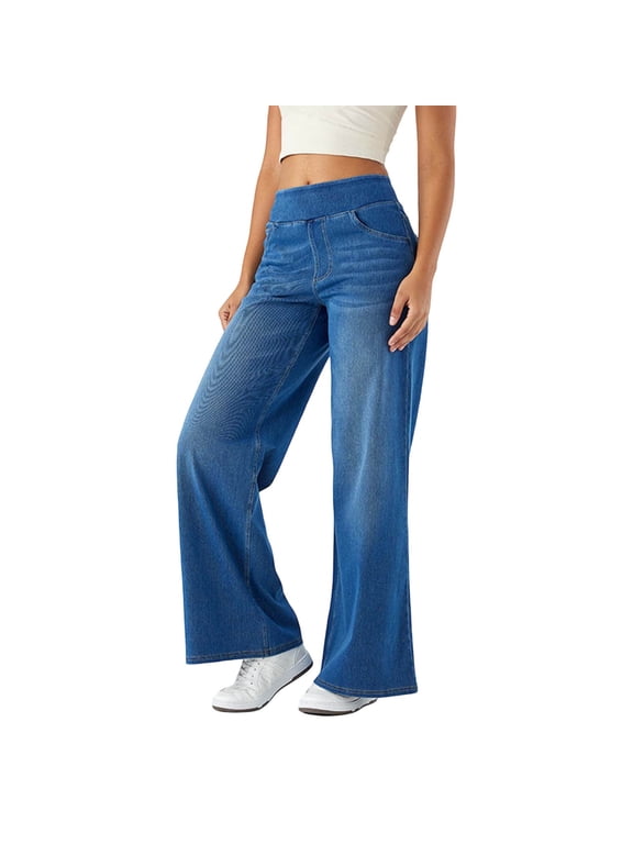 Women Sweatpant Jeans,Sweatpants That Look Like Jeans,High Waisted Stretchy Pull On Wide Leg Denim Pants with Pockets