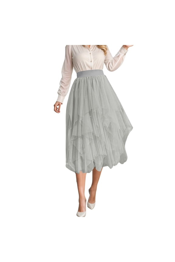 Women Tulle Skirts Layered Tutu Skirt Midi Length Elastic High Waist A Line Skirt