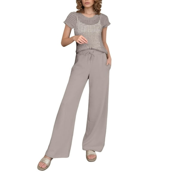 QHFBli Women Two Piece Outfits Crochet Sheer Knit Sweater Top Wide Leg Pants Lounge Matching Sets Sweatsuit Travel Clothes
