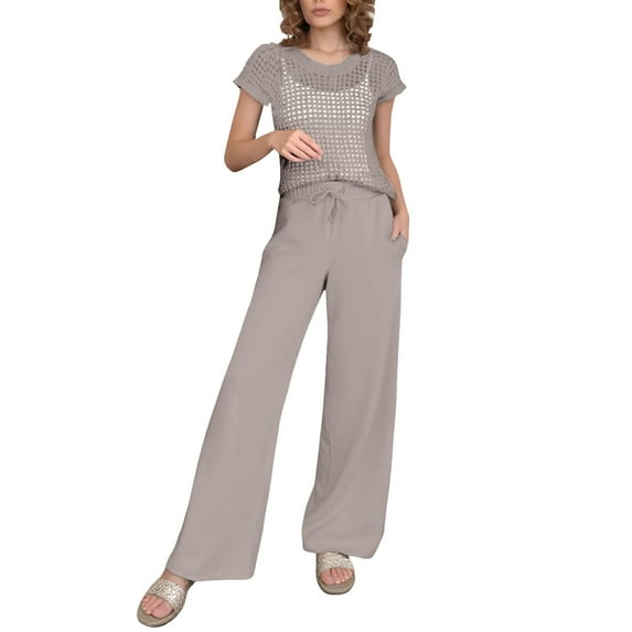 QHFBli Women Two Piece Outfits Crochet Sheer Knit Sweater Top Wide Leg Pants Lounge Matching Sets Sweatsuit Travel Clothes