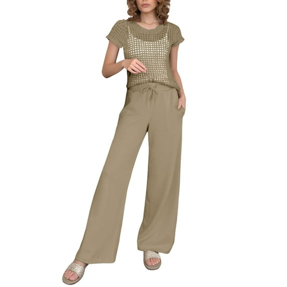 QHFBli Women Two Piece Outfits Crochet Sheer Knit Sweater Top Wide Leg Pants Lounge Matching Sets Sweatsuit Travel Clothes