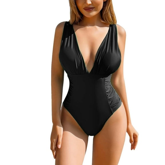 QHFBli Women V Neck One Piece Swimsuit Halter Backless Ruched Tummy Control Bathing Suit