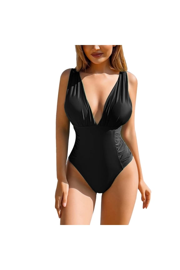 Women V Neck One Piece Swimsuit Halter Backless Ruched Tummy Control Bathing Suit