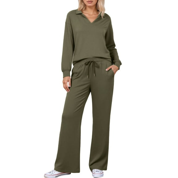 QHFBli Women's 2 Piece Lounge Sets Casual Travel Outfits Wide Leg Tracksuit Sweatsuits Matching Set 2025 Fall Clothes