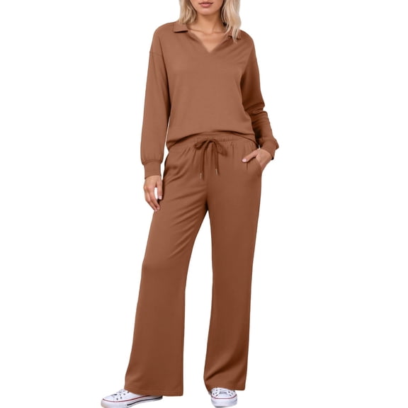QHFBli Women's 2 Piece Lounge Sets Casual Travel Outfits Wide Leg Tracksuit Sweatsuits Matching Set 2025 Fall Clothes