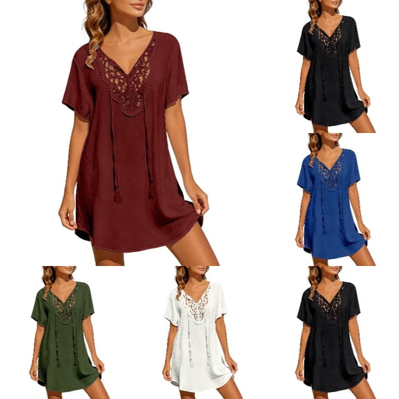 QHFBli Women's Bathing Suit Cover Up Dress Lace Crochet V Neck Summer Beach Bikini Swimsuit Coverup Red XXXXXL