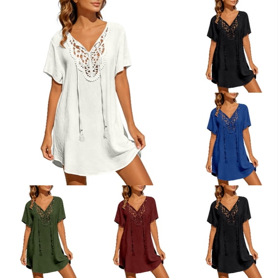 QHFBli Women's Bathing Suit Cover Up Dress Lace Crochet V Neck Summer Beach Bikini Swimsuit Coverup White XXL