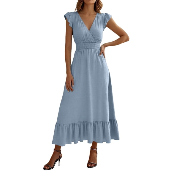 QHFBli Women's Casual Summer Ruffle Short Sleeve T Shirts Maxi Dress 2025 Spring V Neck Flowy Tiered Boho Beach Dresses