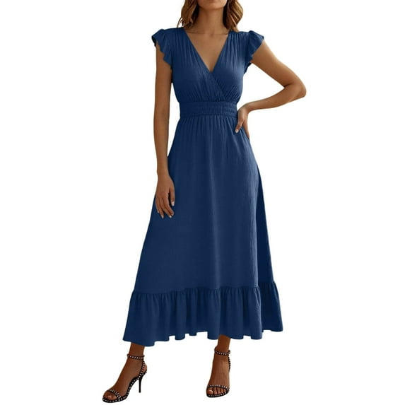QHFBli Women's Casual Summer Ruffle Short Sleeve T Shirts Maxi Dress 2025 Spring V Neck Flowy Tiered Boho Beach Dresses