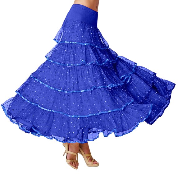 QHFBli Women's Cotton 5 Tiered A Line Pleated Maxi Skirt Long Boho Gypsy Dance Skirts