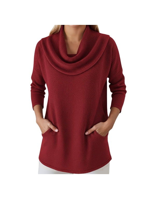 Women's Cowl Neck Sweater Lightweight Solid Color Long Sleeve Knit Pullover Jumper Tops