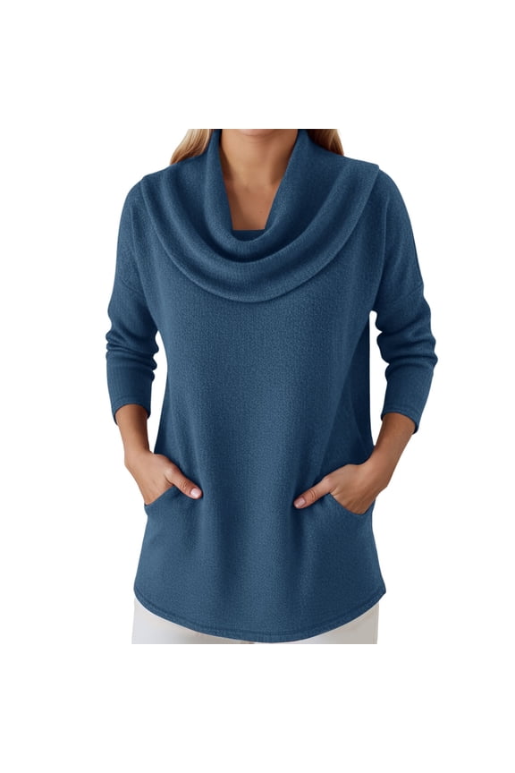 Women's Cowl Neck Sweater Lightweight Solid Color Long Sleeve Knit Pullover Jumper Tops