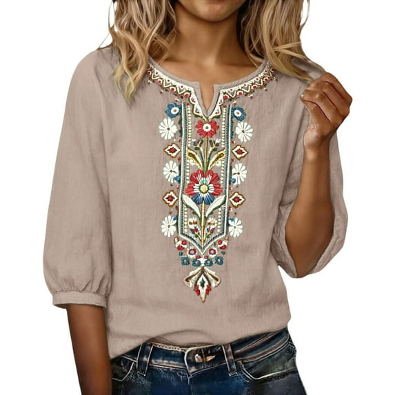 QHFBli Women's Embroidered Tops 3/4 Sleeve Traditional Mexican Shirts for Women V Neck Peasant Tunic Blouses