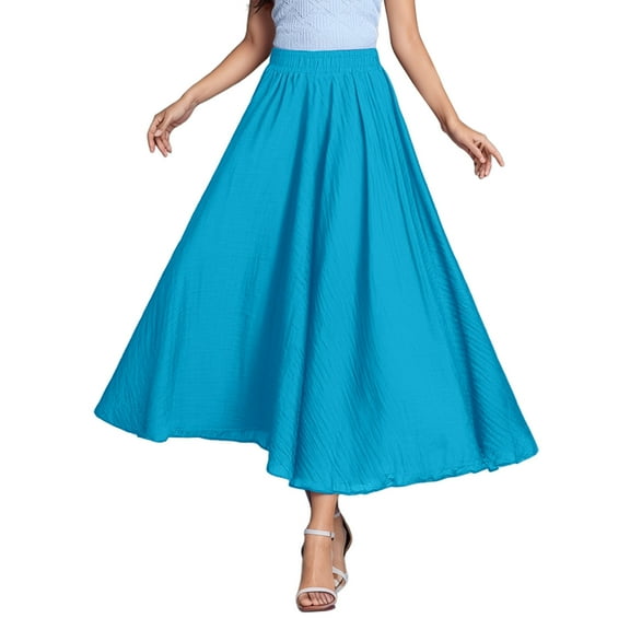 QHFBli Women's Girls Elastic Waist Long Flowy Bohemian Cotton Casual Maxi Skirt for Summer Beach Holiday