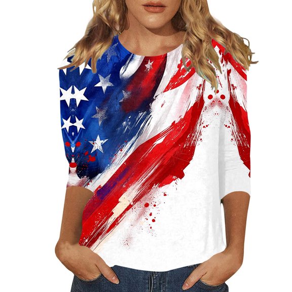QHFBli Women's Independence Day Print 3/4 Length Sleeve Womens Tops Summer Three Quarter Striped Shirts Dressy Casual Printed Tunic Tops Women Blouses