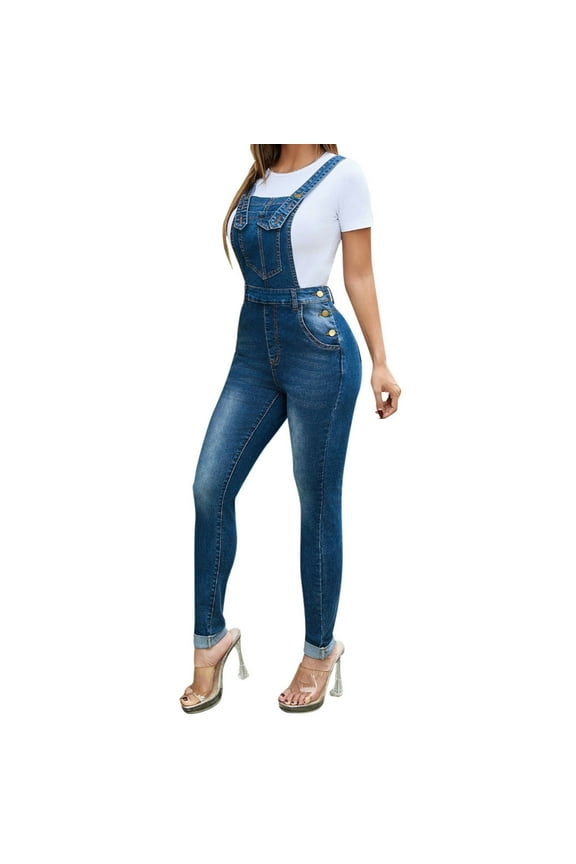 Women's Juniors Denim Stretch Overalls Adjustable Strap Ripped Distressed Jumpsuit Skinny Fit Jeans Pants