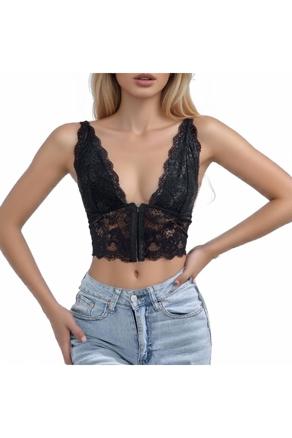 Women's Lace Front Closure Bra Deep V Plunge Wireless Sexy Bra Cami Bralette