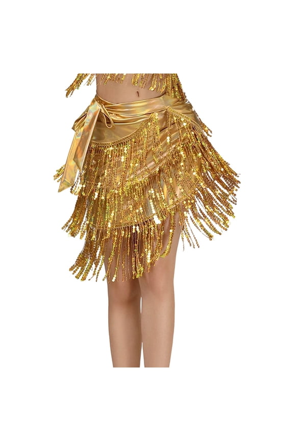 Women‘s Latin Dance Hip Scarf with Tassels Belly Tango Dance Skirt Fringe Sequins Wrap Skirt Music Festival Clothing