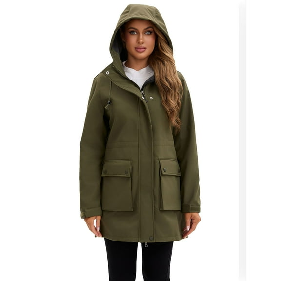 QHFBli Women's Lightweight Long Softshell Fleece Lined Jacket Anorak Raincoat With Removable Hood