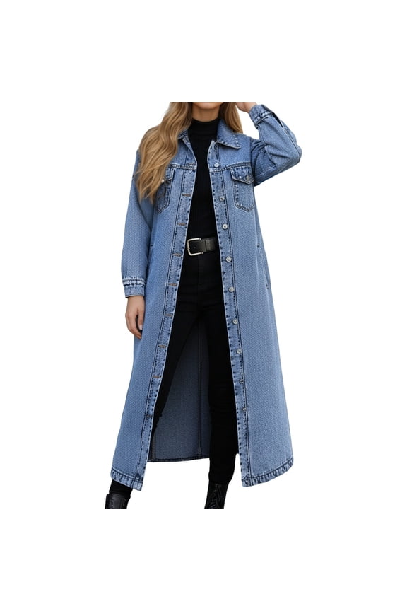 Women's Long Casual Maxi Length Denim Cotton Coat Oversize Button Up Jean Jacket