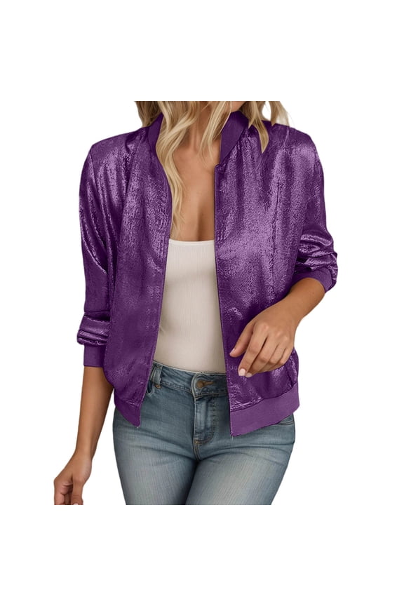 Women's Metallic Bomber Jacket Trendy Sparkly Coats for Nights Going Out Casual Spring Fall Outerwear Zip Up