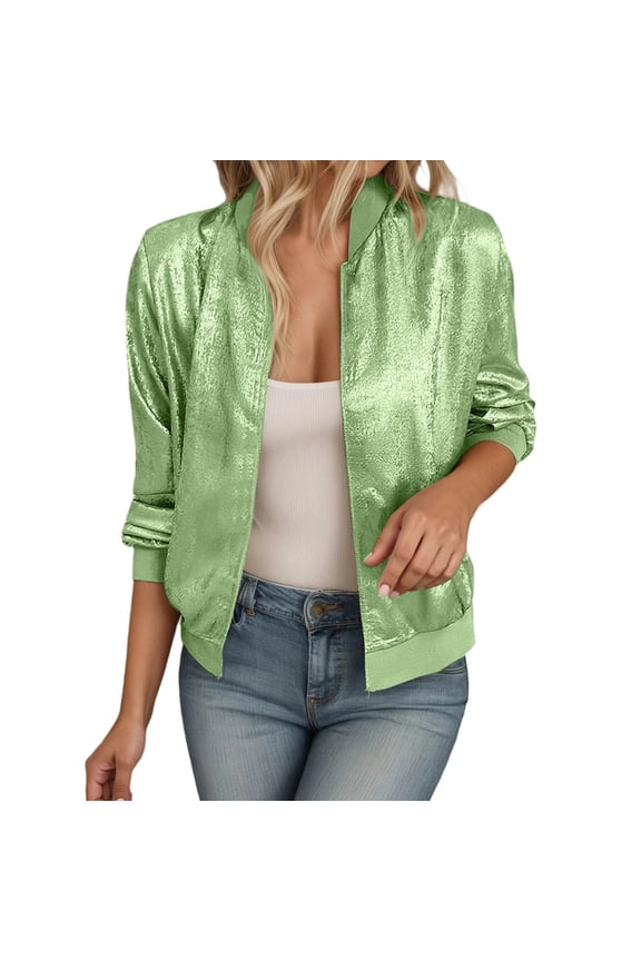 Women's Metallic Bomber Jacket Trendy Sparkly Coats for Nights Going Out Casual Spring Fall Outerwear Zip Up
