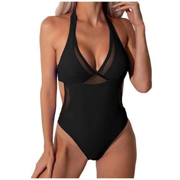 QHFBli Women's One Piece Swimsuit Bathing Suit Plunging V Neck Wide Adjustable Straps Mesh