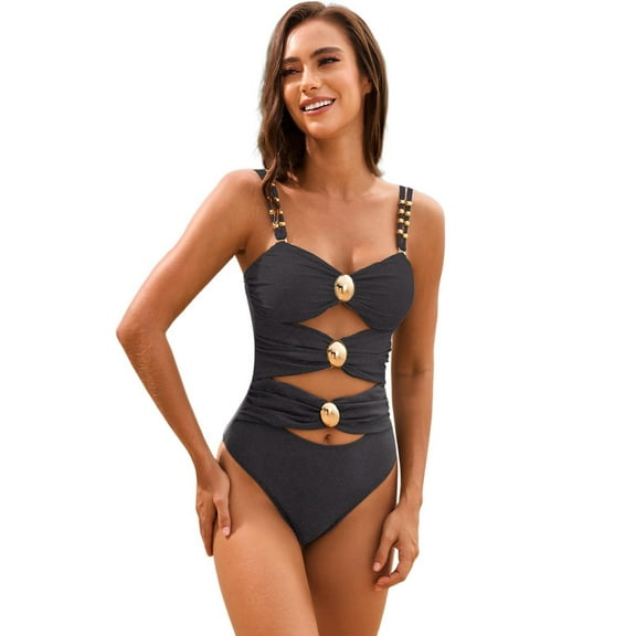 QHFBli Women's One Piece Swimsuit Colorblock Metal Button Tummy Control Bathing Suit Sexy Cut Out Double Straps Swim Suits