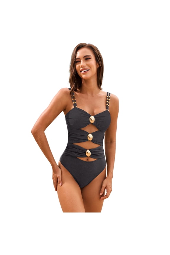 Women's One Piece Swimsuit Colorblock Metal Button Tummy Control Bathing Suit Sexy Cut Out Double Straps Swim Suits