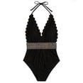 thumbnail image 1 of QHFBli Women's One Piece Swimsuit Halter Back Tie Scalloped V Neck Textured Contrast Stitching, 1 of 2