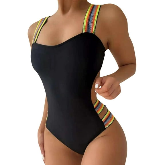 QHFBli Women's One Piece Swimsuits Tummy Control - Adjustable Strap Bathing Suit - Neon Color Block Sexy Sport Swim Suits