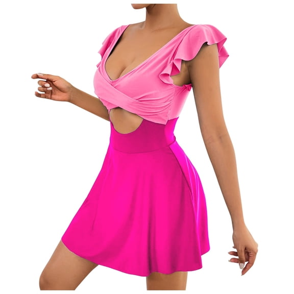 QHFBli Women's Plus Size Swimsuit Tummy Control One Piece Swimdress Ruffle V Neck Cutout Wrap Bathing Suit with Skirt