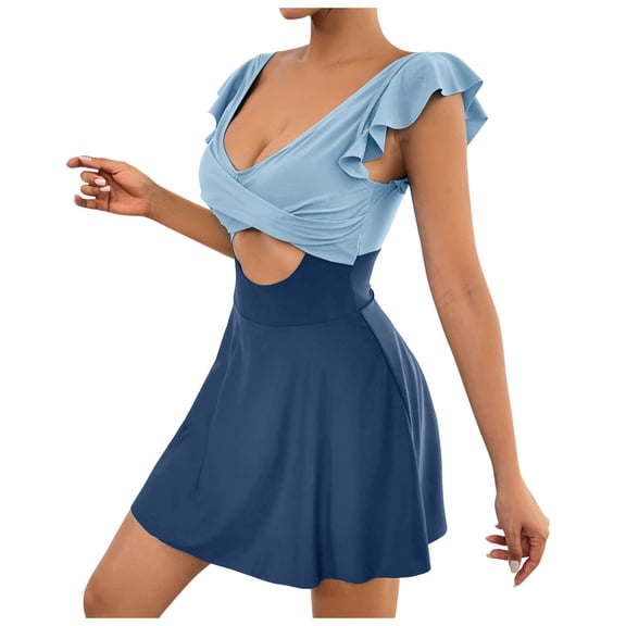 QHFBli Women's Plus Size Swimsuit Tummy Control One Piece Swimdress Ruffle V Neck Cutout Wrap Bathing Suit with Skirt