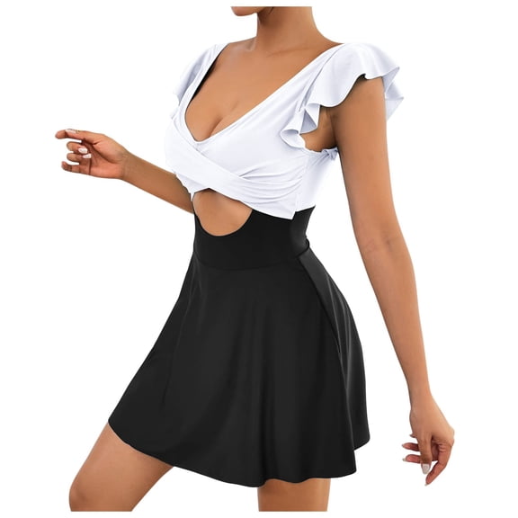 QHFBli Women's Plus Size Swimsuit Tummy Control One Piece Swimdress Ruffle V Neck Cutout Wrap Bathing Suit with Skirt