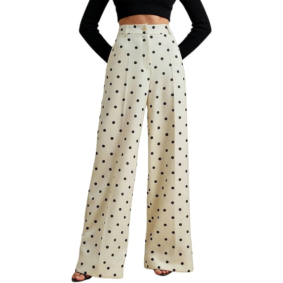 QHFBli Women's Polka Dots Wide Leg Pants Elastic Waist Baggy Trousers