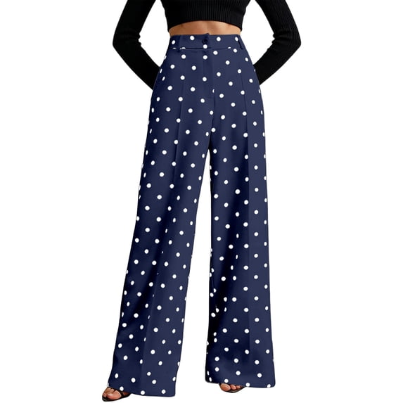 QHFBli Women's Polka Dots Wide Leg Pants Elastic Waist Baggy Trousers